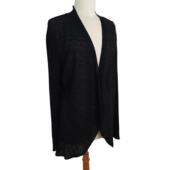 EILEEN FISHER Linen Blend Open Front Cardigan Sweater Large Black Lightweight - Picture 5 of 9